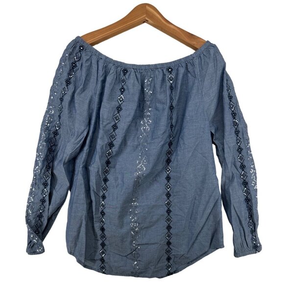 Chicos Womens Top Sz 1 S Blue Chambray Embroidered Beaded Coastal Beachy Boho - Picture 2 of 10